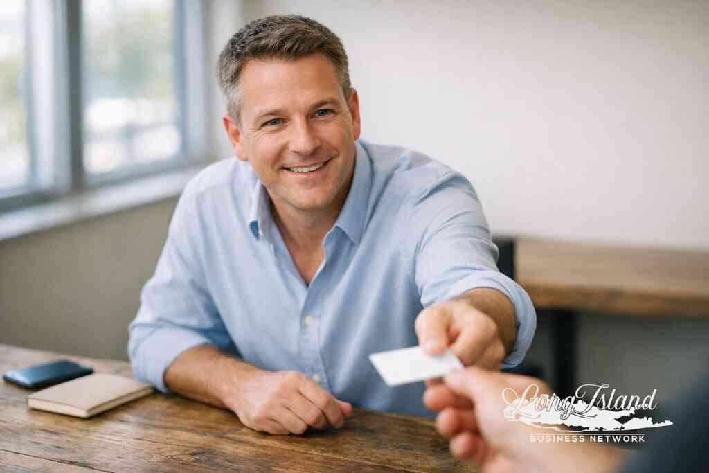 How business card exchange and elevator pitch practice turn casual meetings into follow-up opportunities — Long Island B